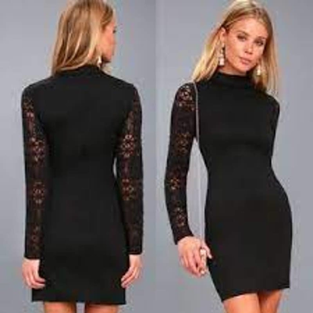 Lulu’s Lace Up Your Sleeve Black Lace Long Sleeve Bodycon Mock Neck Dress XL NWT